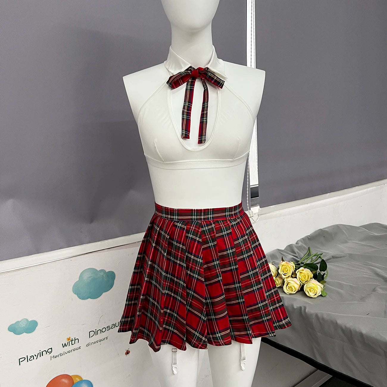 Teacher Cosplay Lingerie Sheer Halter Bra Plaid Skirt