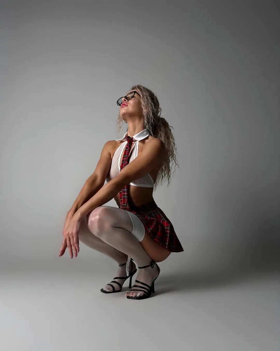 Teacher Cosplay Lingerie Sheer Halter Bra Plaid Skirt