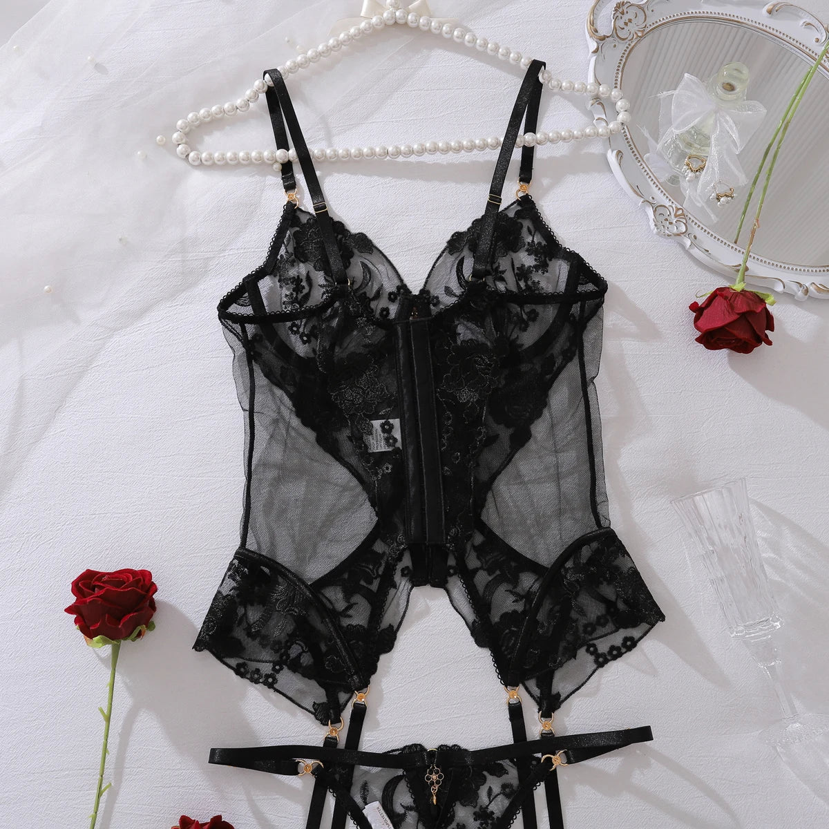 “Dangerous Desire” Embroidered Corset Bodysuit