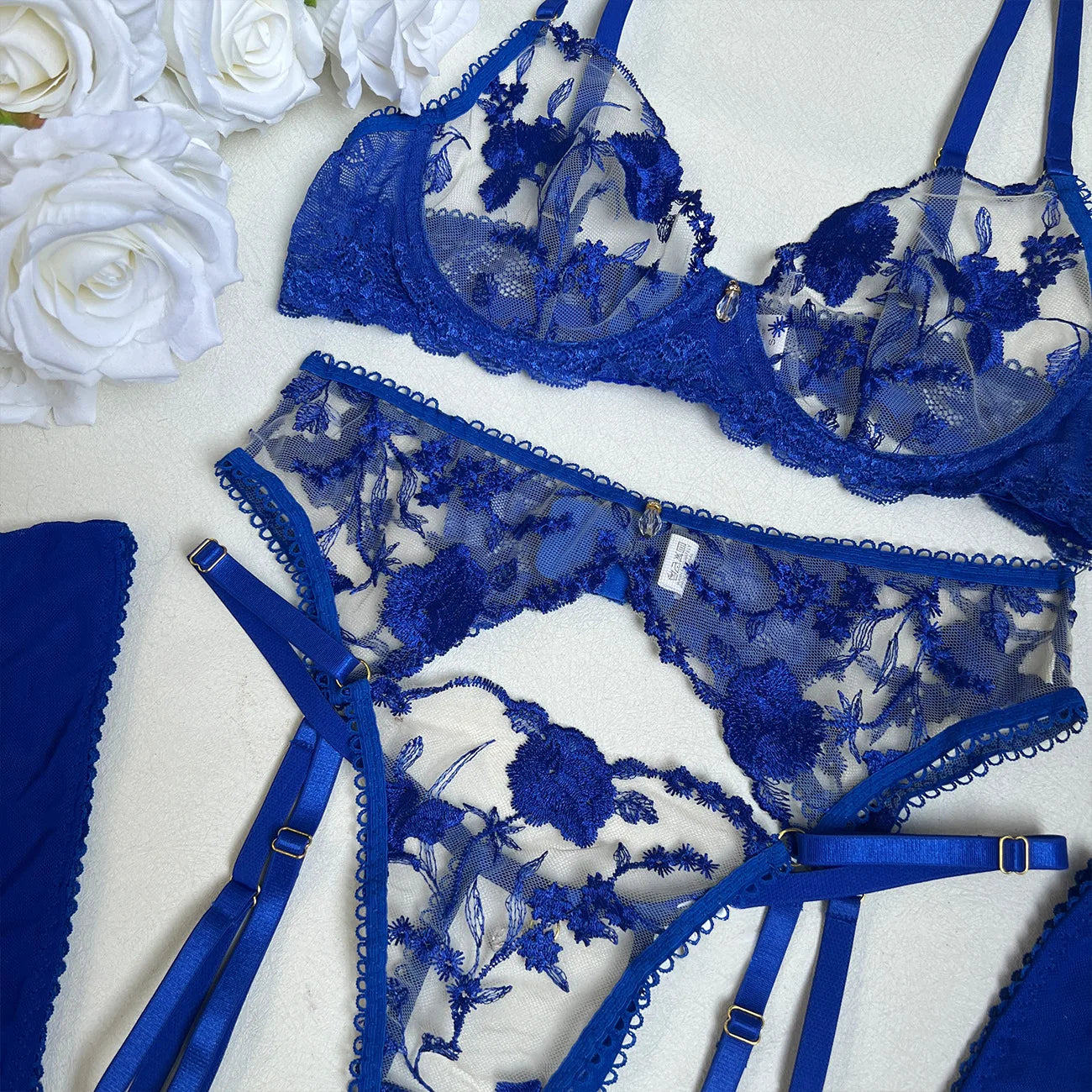 “Midnight Rose” Embroidered Lingerie 5-Piece Set