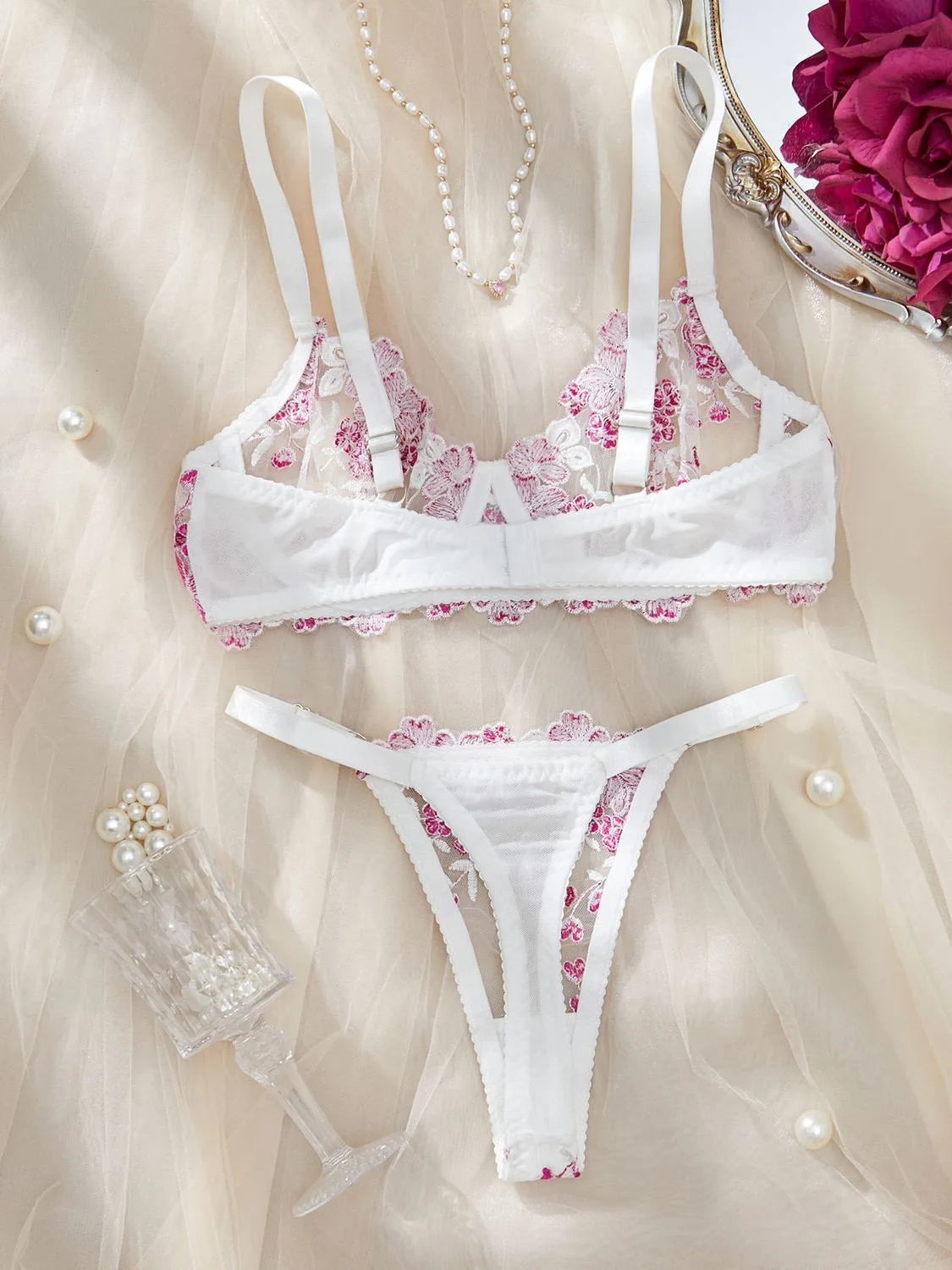 “Cherry Blossom Kiss” Embroidered Lingerie Set