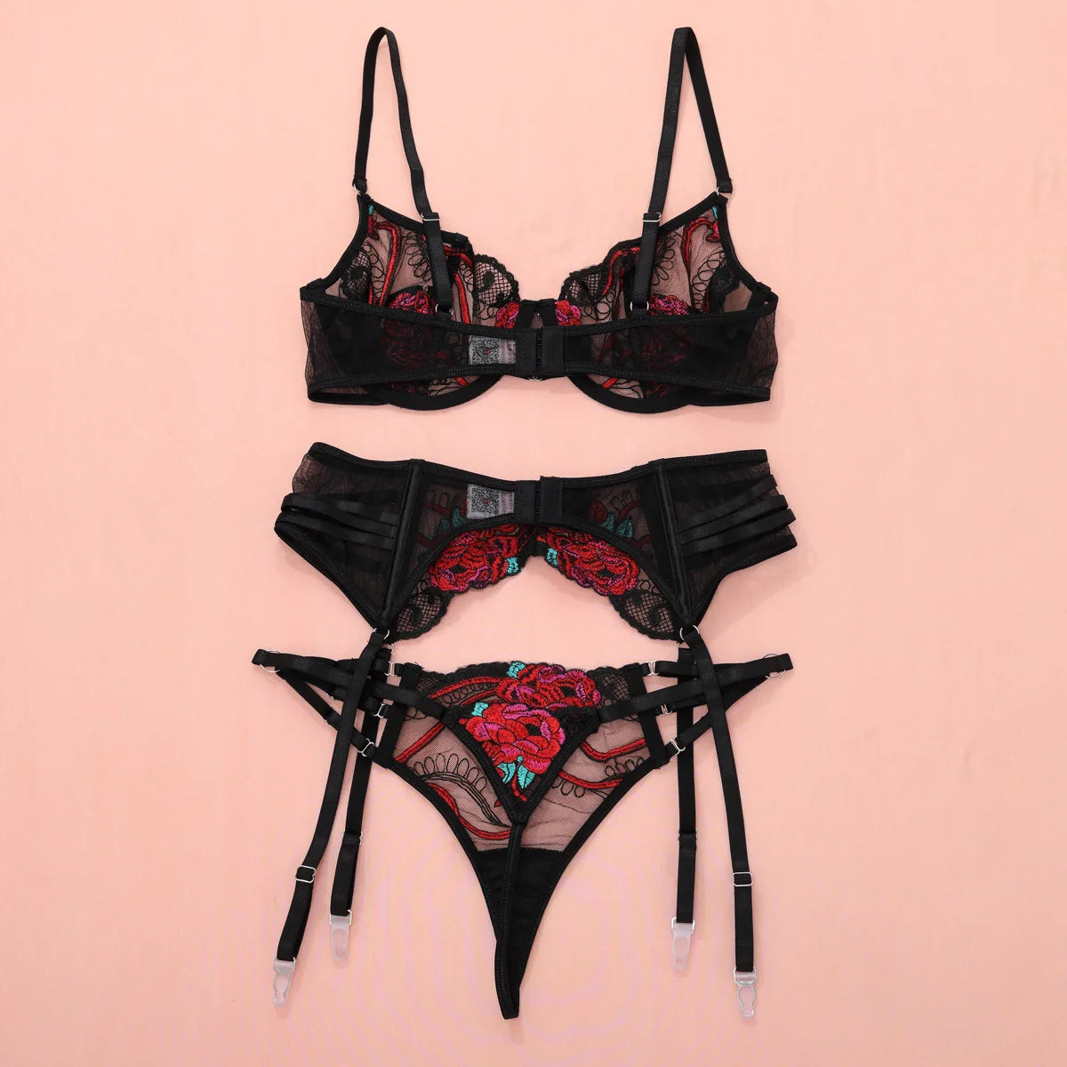 The Selene 3-Piece Sexy Lingerie Set – Floral Lace, G-String & Suspenders