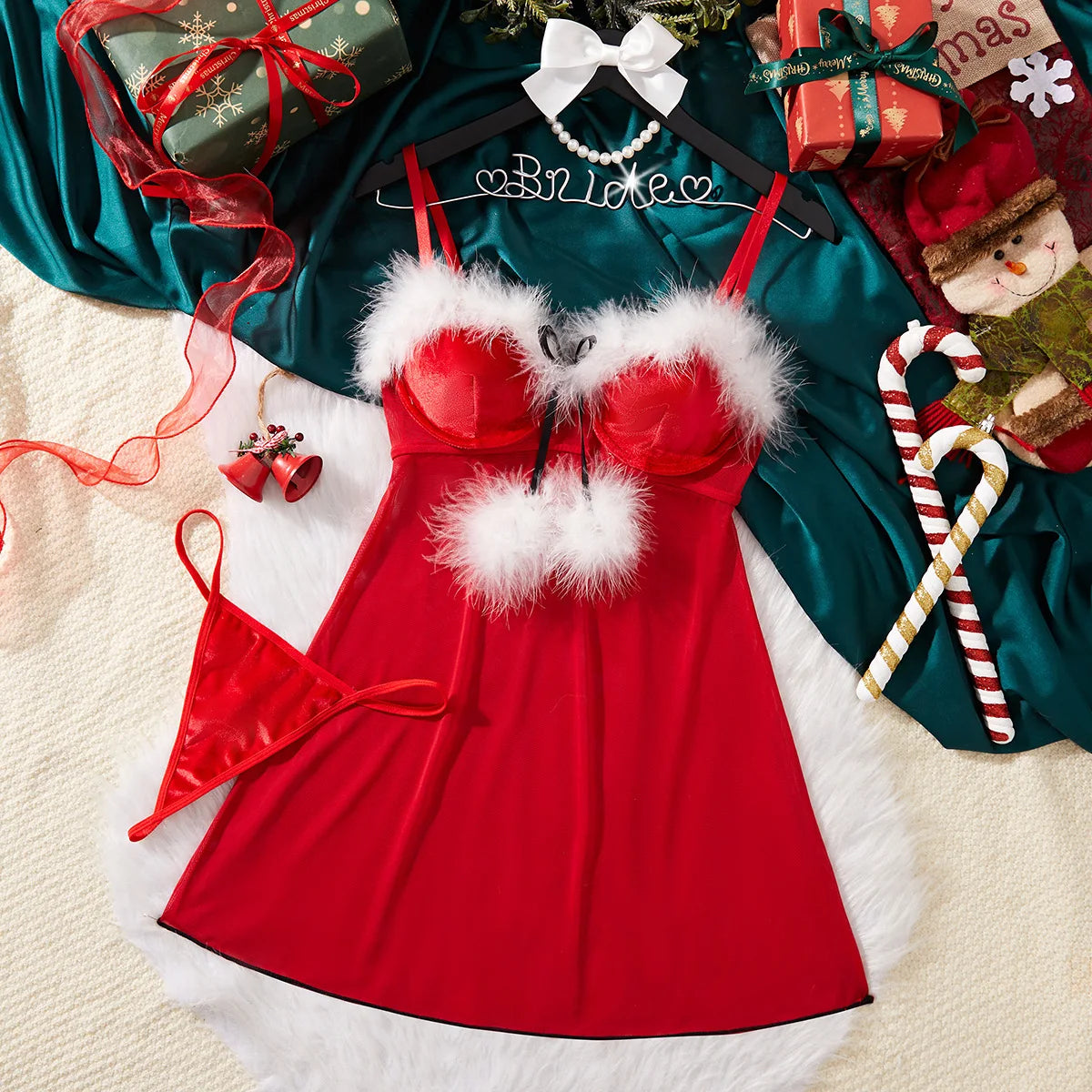 Festive Velvet Christmas Mini Dress Set – Thong, Feather Accents & Bow