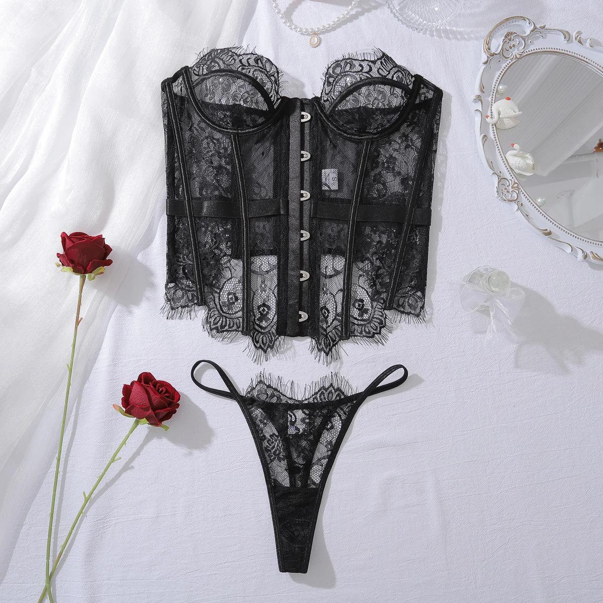 “Room Service” Lace Corset Bodysuit