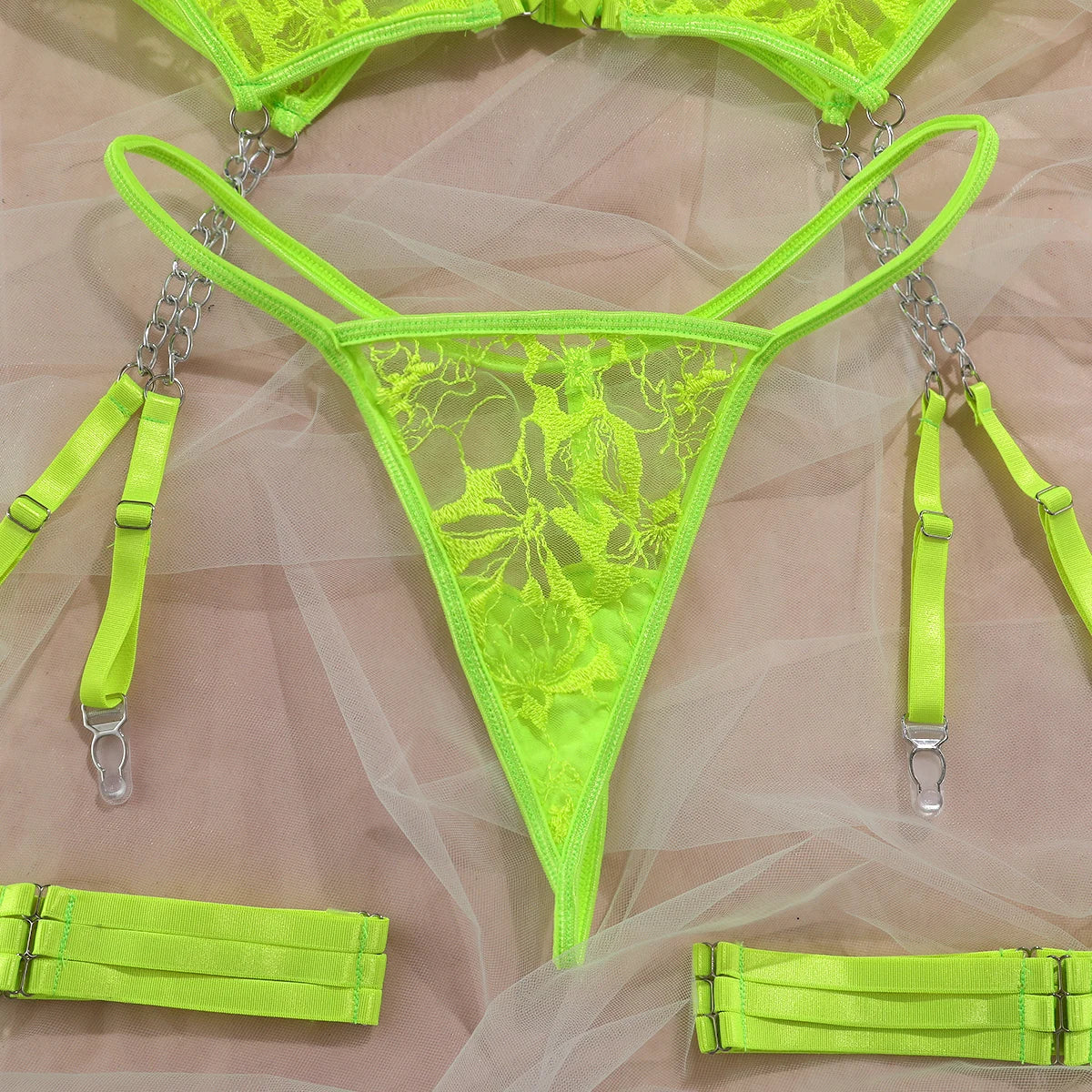 The Amélie Lace Erotic 4-Piece Lingerie Set – Transparent Bra & Thong