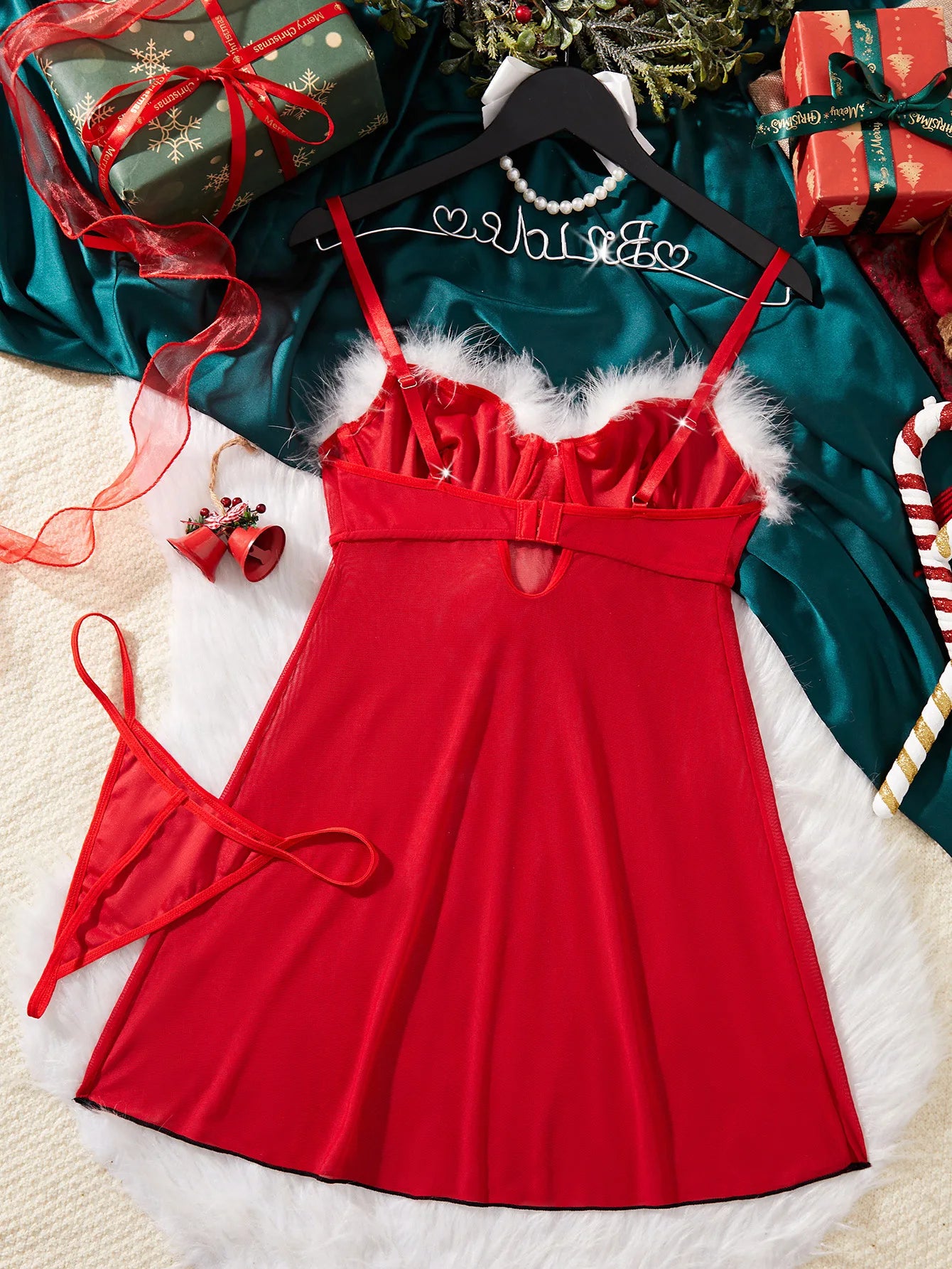 Festive Velvet Christmas Mini Dress Set – Thong, Feather Accents & Bow