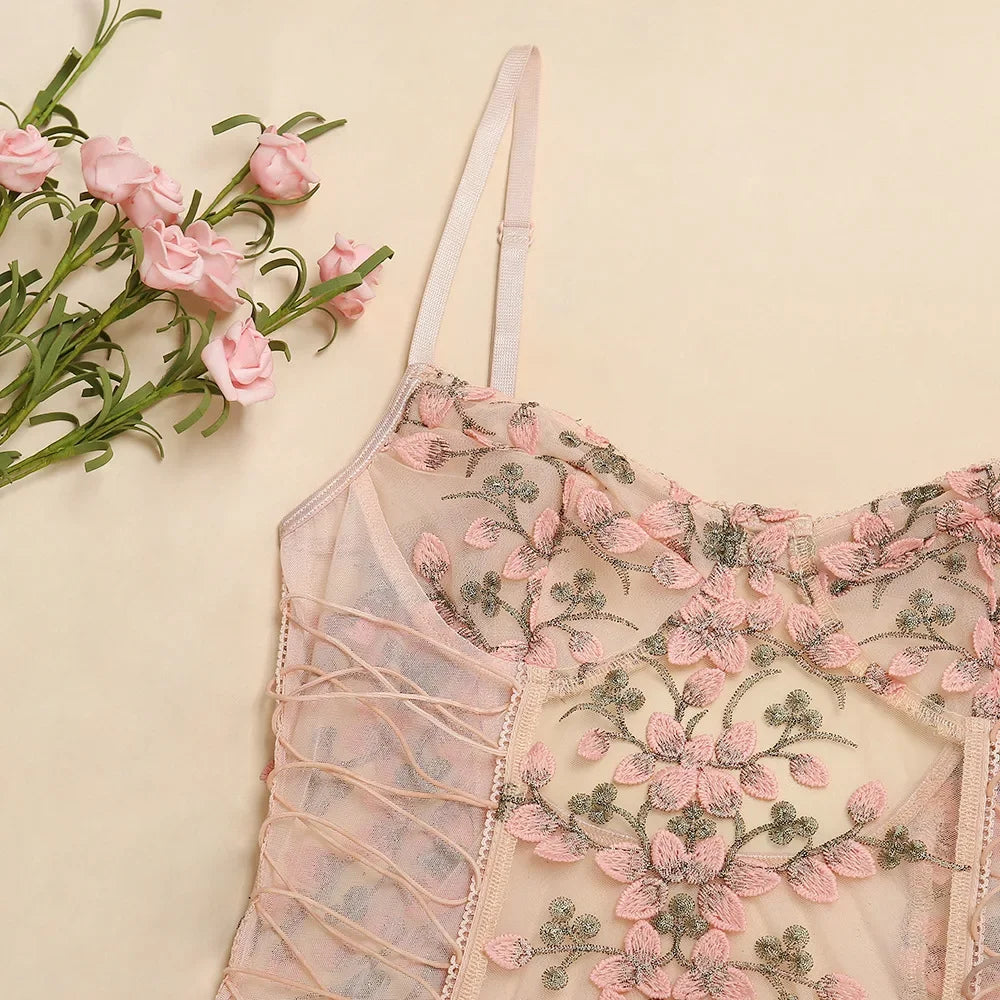 Seraphina Lace-Up Floral Embroidery Bodysuit