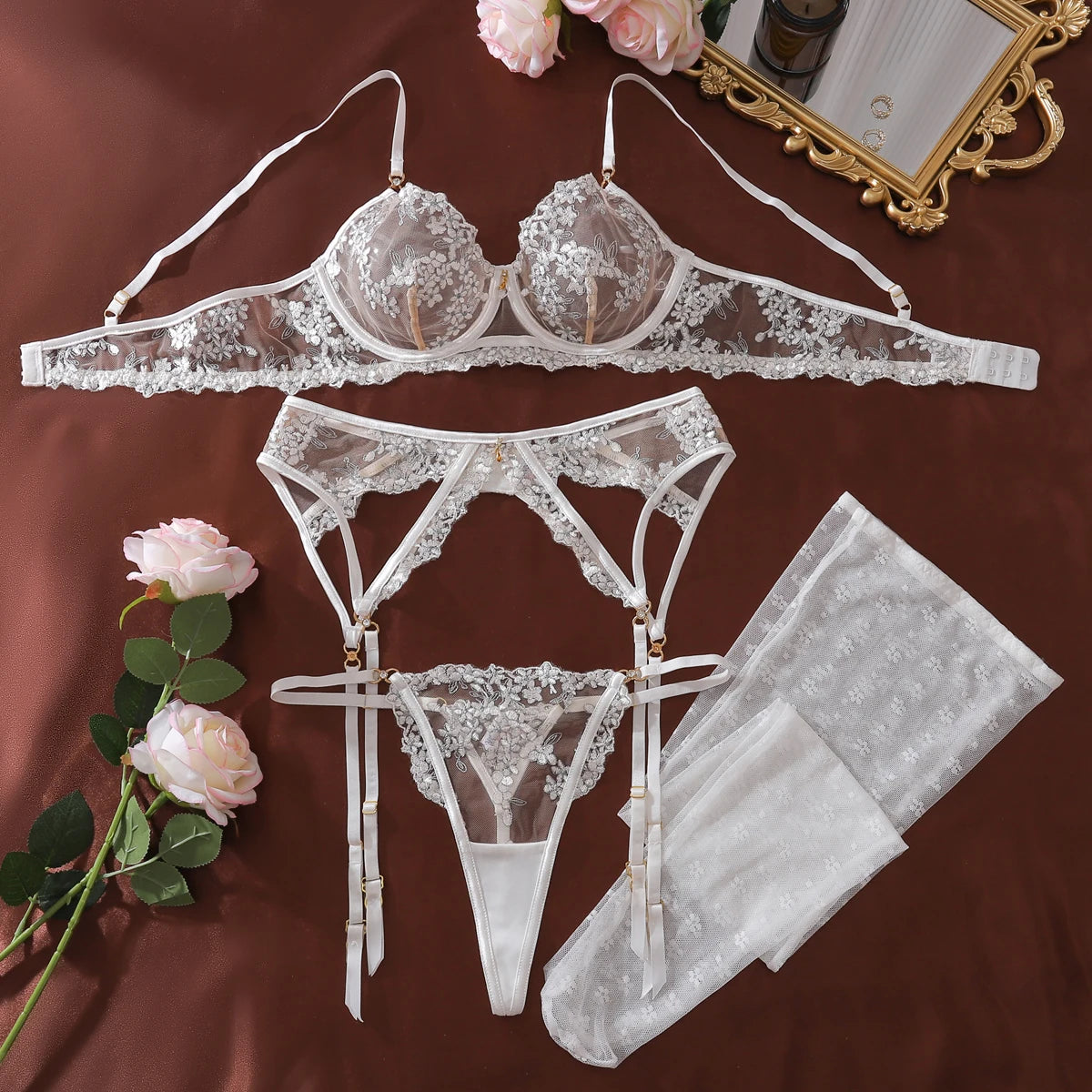 “White Lies” Embroidered Lingerie Set