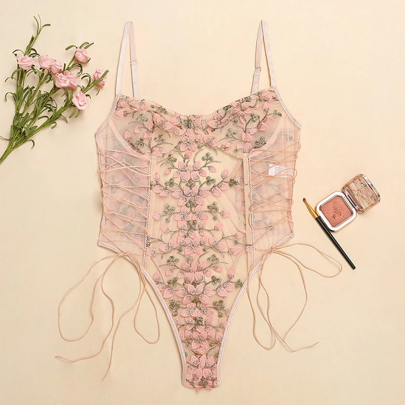 Seraphina Lace-Up Floral Embroidery Bodysuit