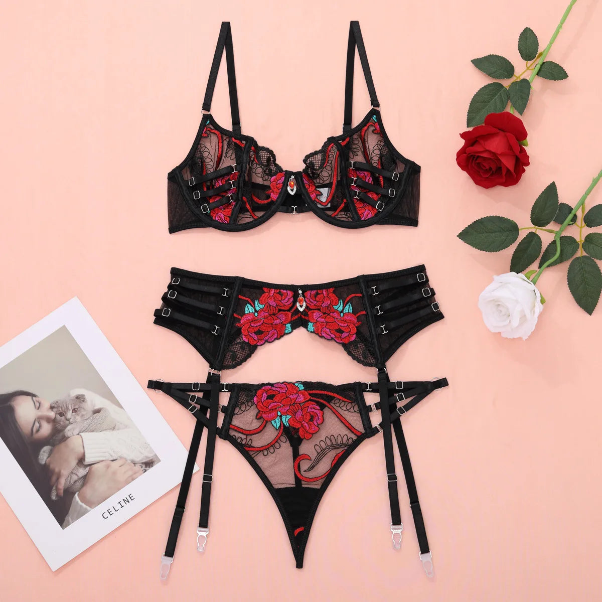 The Selene 3-Piece Sexy Lingerie Set – Floral Lace, G-String & Suspenders