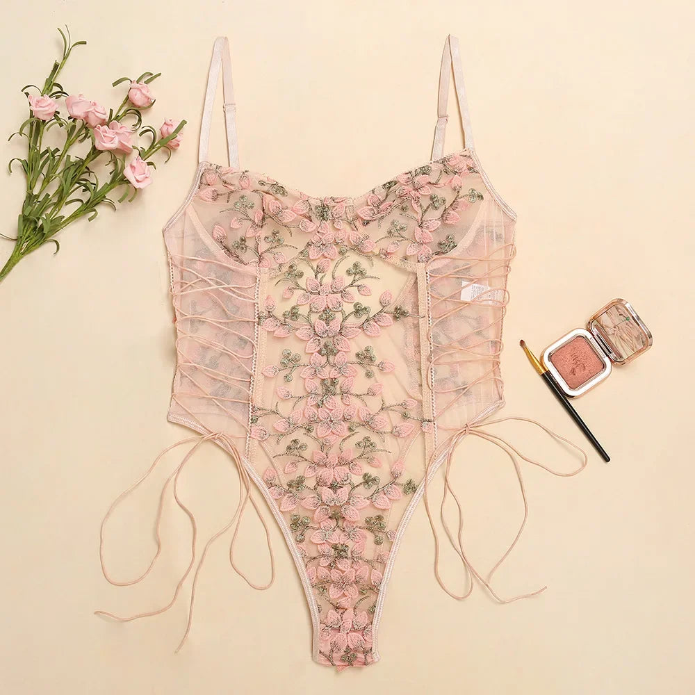 Seraphina Lace-Up Floral Embroidery Bodysuit