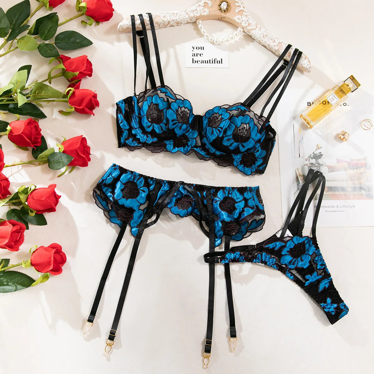 “Dark Bloom” Embroidered Lingerie Set
