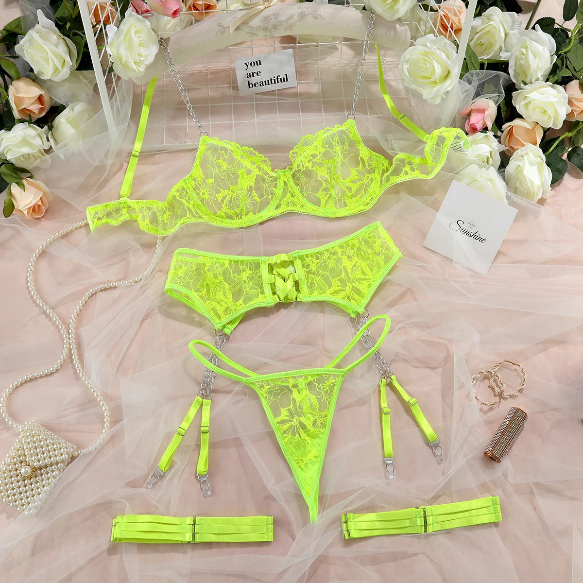 The Amélie Lace Erotic 4-Piece Lingerie Set – Transparent Bra & Thong