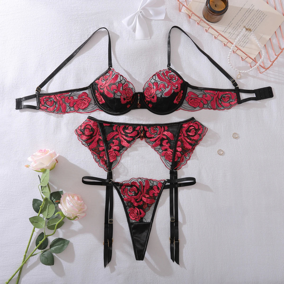 “Devil’s Hour” Embroidered Lingerie Set